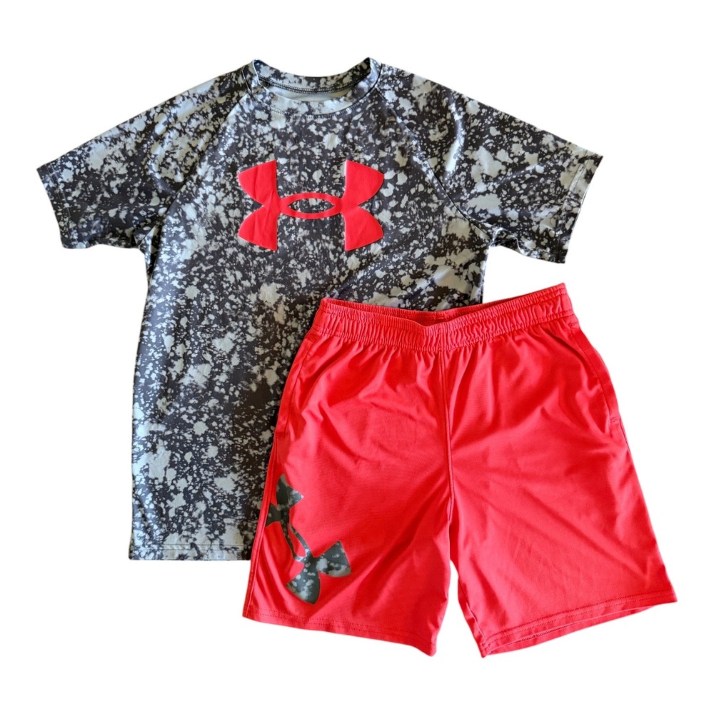 Under Armour Boys Gray Red Splatter Athletic Shirt Shorts Set - Youth Large